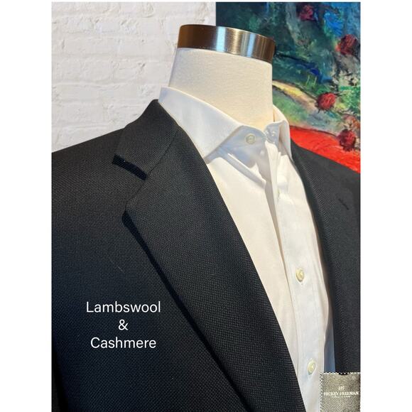 Hickey Freeman 44R Black Birdseye Blazer Brass Tone Buttons Lambswool Cashmere - Picture 3 of 14